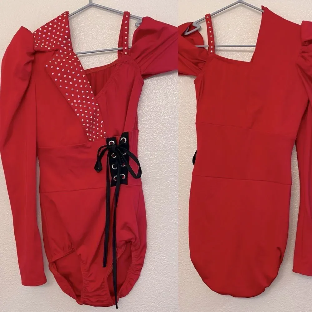 Kelle dance solo costume red asymmetric one sleeve musical theater jazz Teen SA